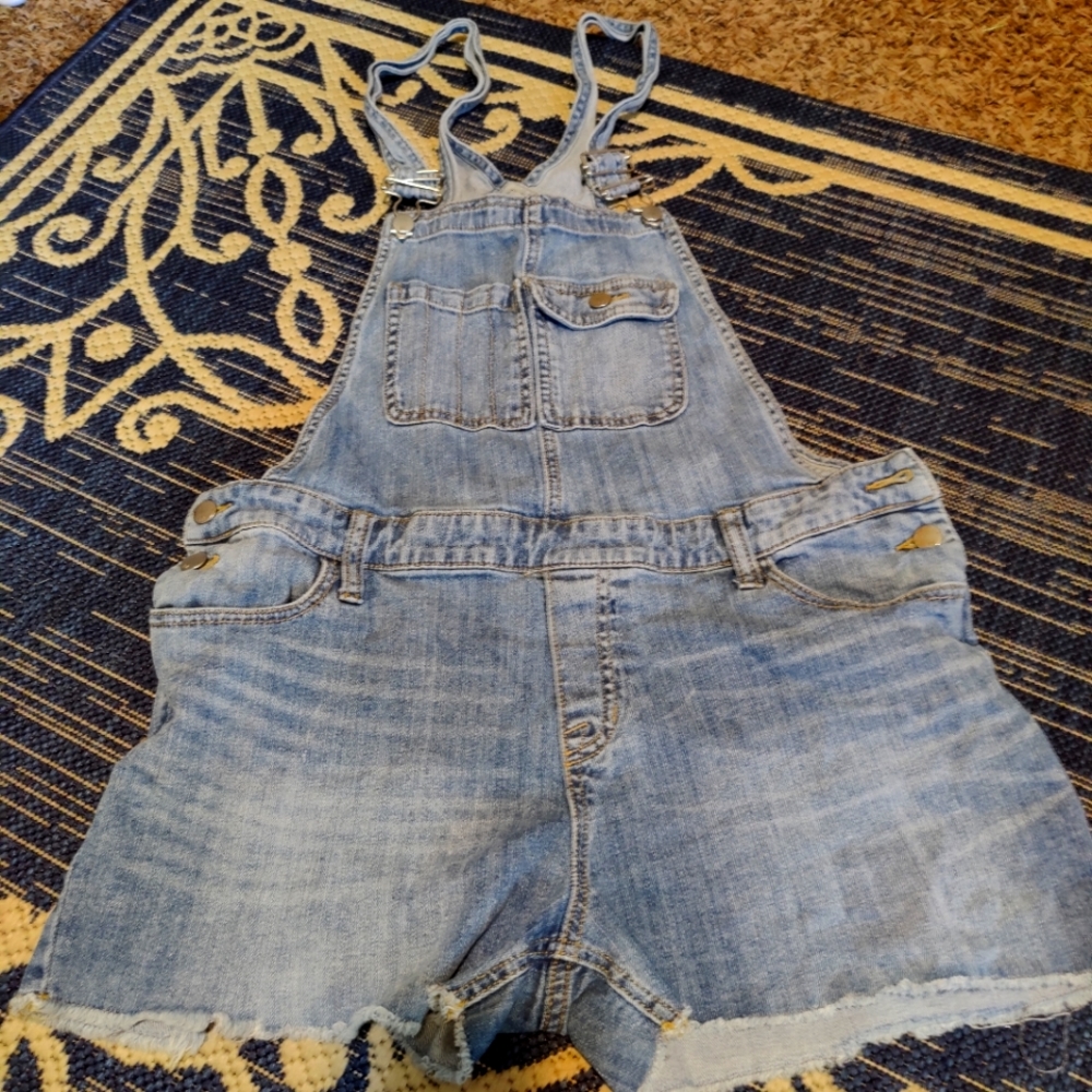 Women's Blue Jean Bib Shorts Size Large Factory Frayed and Distressed